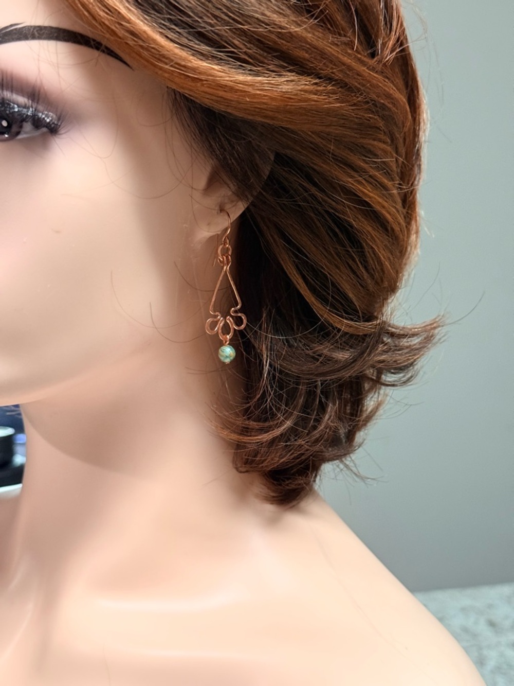 Artisan Copper Wire Chandelier Earrings with Green Shell Beads